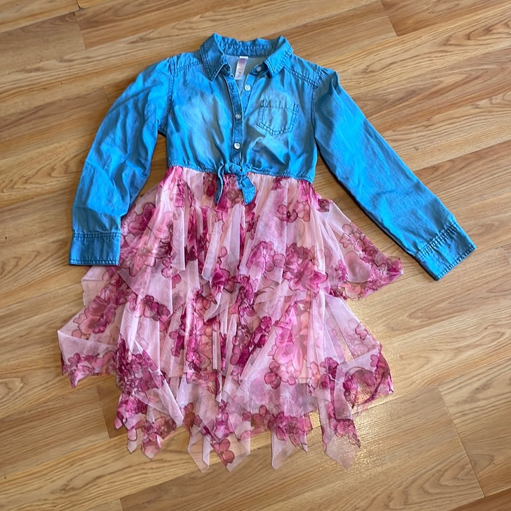 Denim shirt look dress with tulle skirt